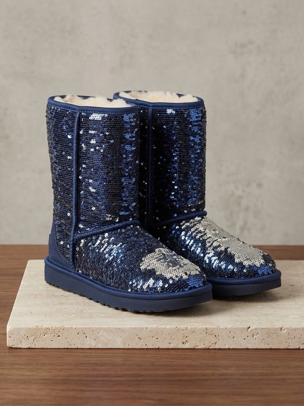 UGG Sequined Shearling-Lined Mid-Calf Boots - Navy